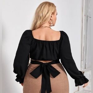 SHEIN Plus Flounce Sleeve Tie Back Wrap Crop Top, Size 1XL, Size 14, Black